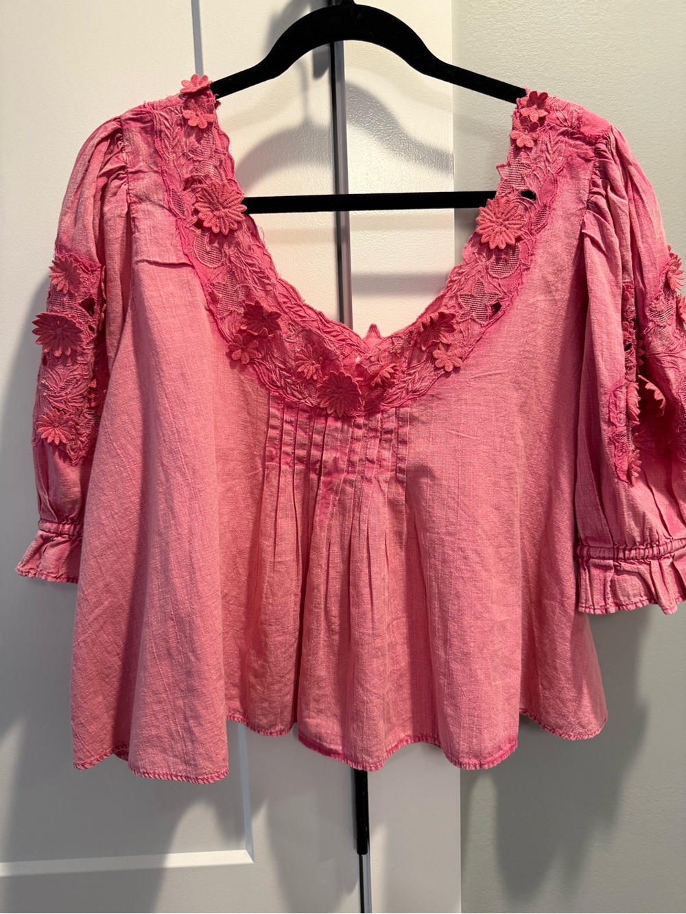 Free People Pink Floral Crochet Trim Peasant Blouse